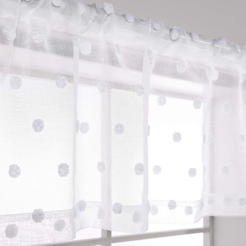 KOUFALL White Valances for Kitchen Rod Pocket Farmhouse Boho Country Decor Lace Pom Dot Design Pattern Textured Curtain Toppers Cute Sheer Valances for Windows Living Room Girls Bedroom Bathroom 18 Length - Image 3